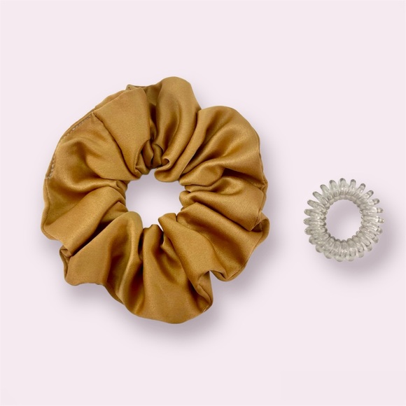 HANDMADE spiral satin hair scrunchie, tan - Picture 2 of 4